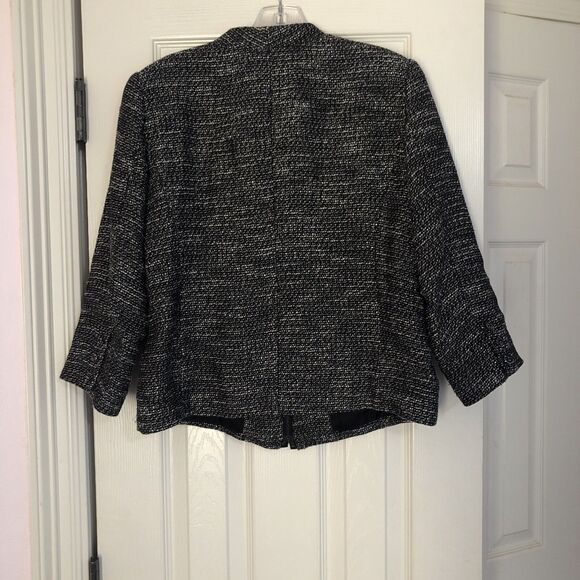 Eileen Fisher Womans Petite Med Tweed Linen Jacket Black Leather Trim Classic‎ - Picture 5 of 8